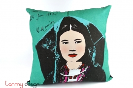 Cushion cover printed Vietnamese ethnic woman- Miss Lam/ blue parma